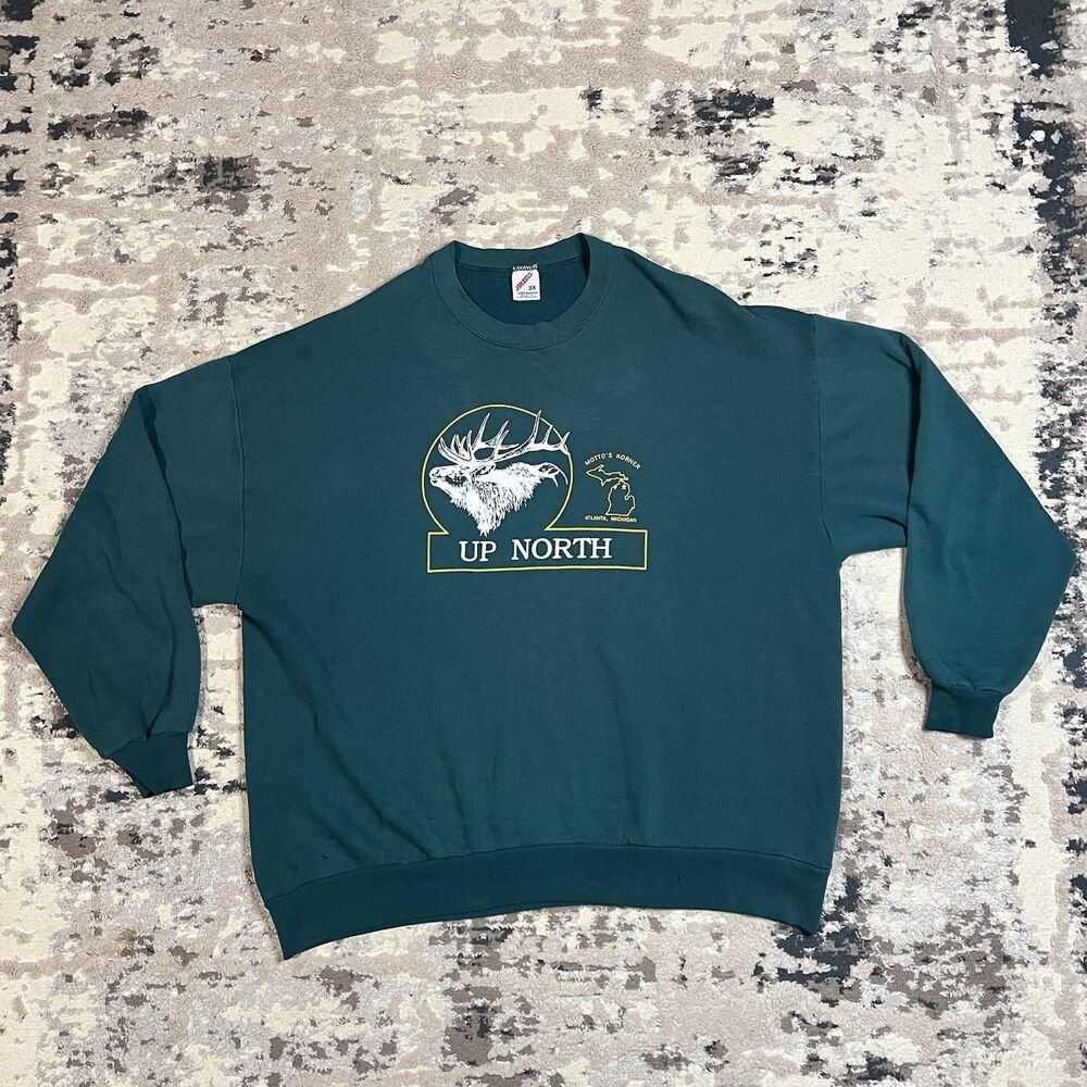 Vintage Up North Michigan Moose Elk Nature Crewneck Green Faded Crewneck Sz 3X